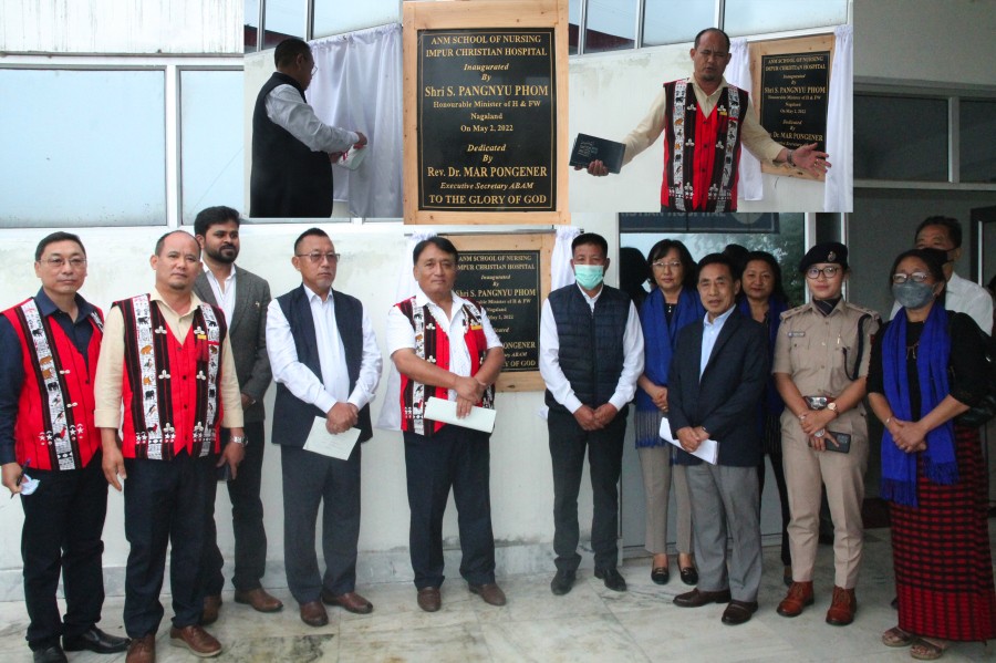 Minister S Pangnyu Phom, Rev Dr Mar Pongener and others during the inauguration of the ANM School of Nursing at ICH, Impur on May 2.